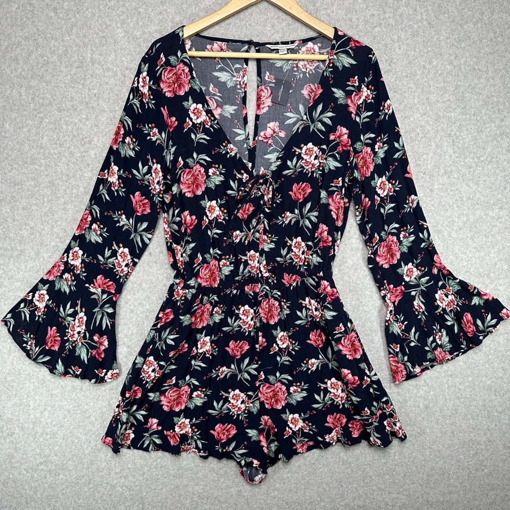 American Eagle Floral Bell Sleeve‎ Tie Front Romper Women's M Navy Pink NWT
